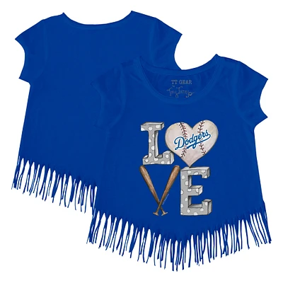 Girls Toddler Tiny Turnip Royal Los Angeles Dodgers Baseball Love Fringe T-Shirt