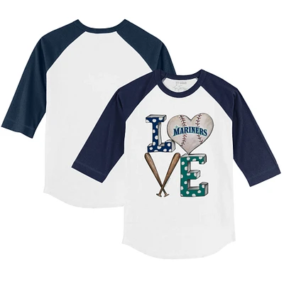 Toddler Tiny Turnip White/Navy Seattle Mariners Baseball Love 3/4-Sleeve Raglan T-Shirt