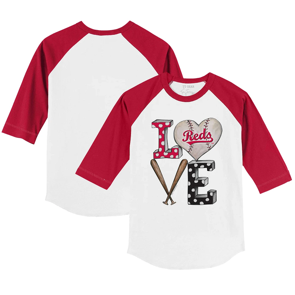 Toddler Tiny Turnip White/Red Cincinnati Reds Baseball Love 3/4-Sleeve Raglan T-Shirt