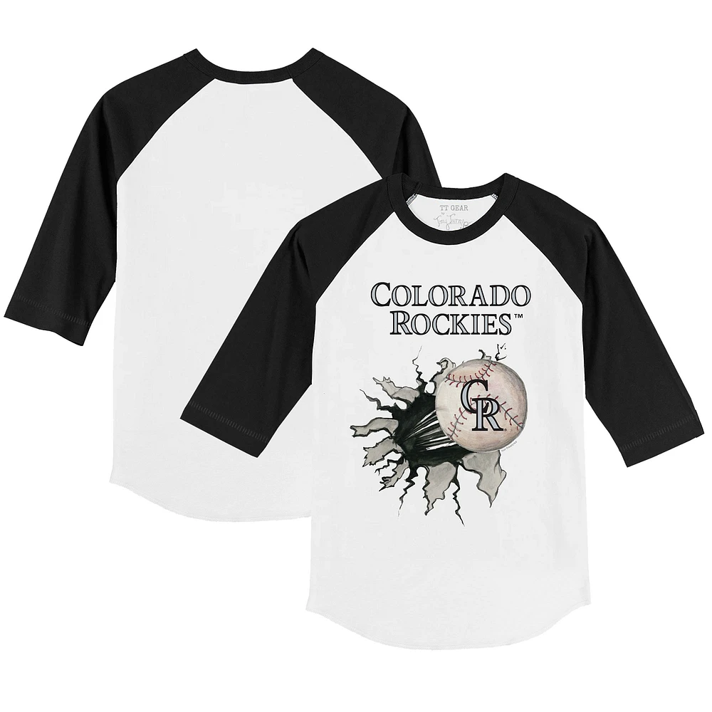 Toddler Tiny Turnip White/Black Colorado Rockies Baseball Tear 3/4-Sleeve Raglan T-Shirt