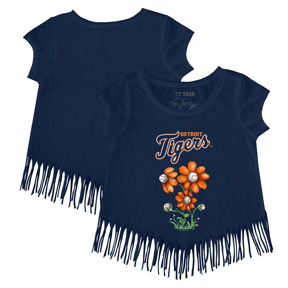 Girls Toddler Tiny Turnip Navy Detroit Tigers Blooming Baseballs Fringe T-Shirt
