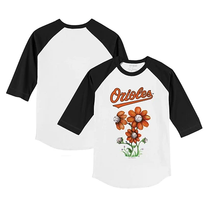 Toddler Tiny Turnip White/Black Baltimore Orioles Blooming Baseballs 3/4-Sleeve Raglan T-Shirt