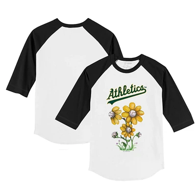 Toddler Tiny Turnip White/Black Athletics Blooming Baseballs 3/4-Sleeve Raglan T-Shirt