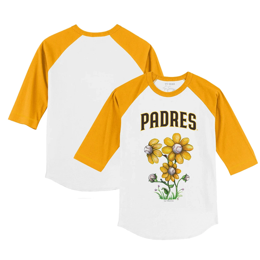 Toddler Tiny Turnip White/Gold San Diego Padres Blooming Baseballs 3/4-Sleeve Raglan T-Shirt