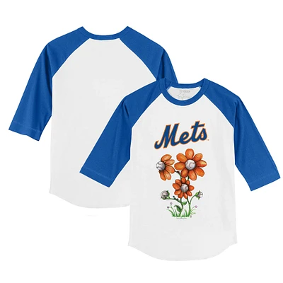 Toddler Tiny Turnip White/Royal New York Mets Blooming Baseballs 3/4-Sleeve Raglan T-Shirt