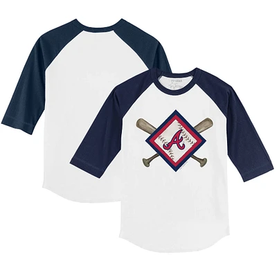 Toddler Tiny Turnip White/Navy Atlanta Braves Diamond Cross Bats 3/4-Sleeve Raglan T-Shirt