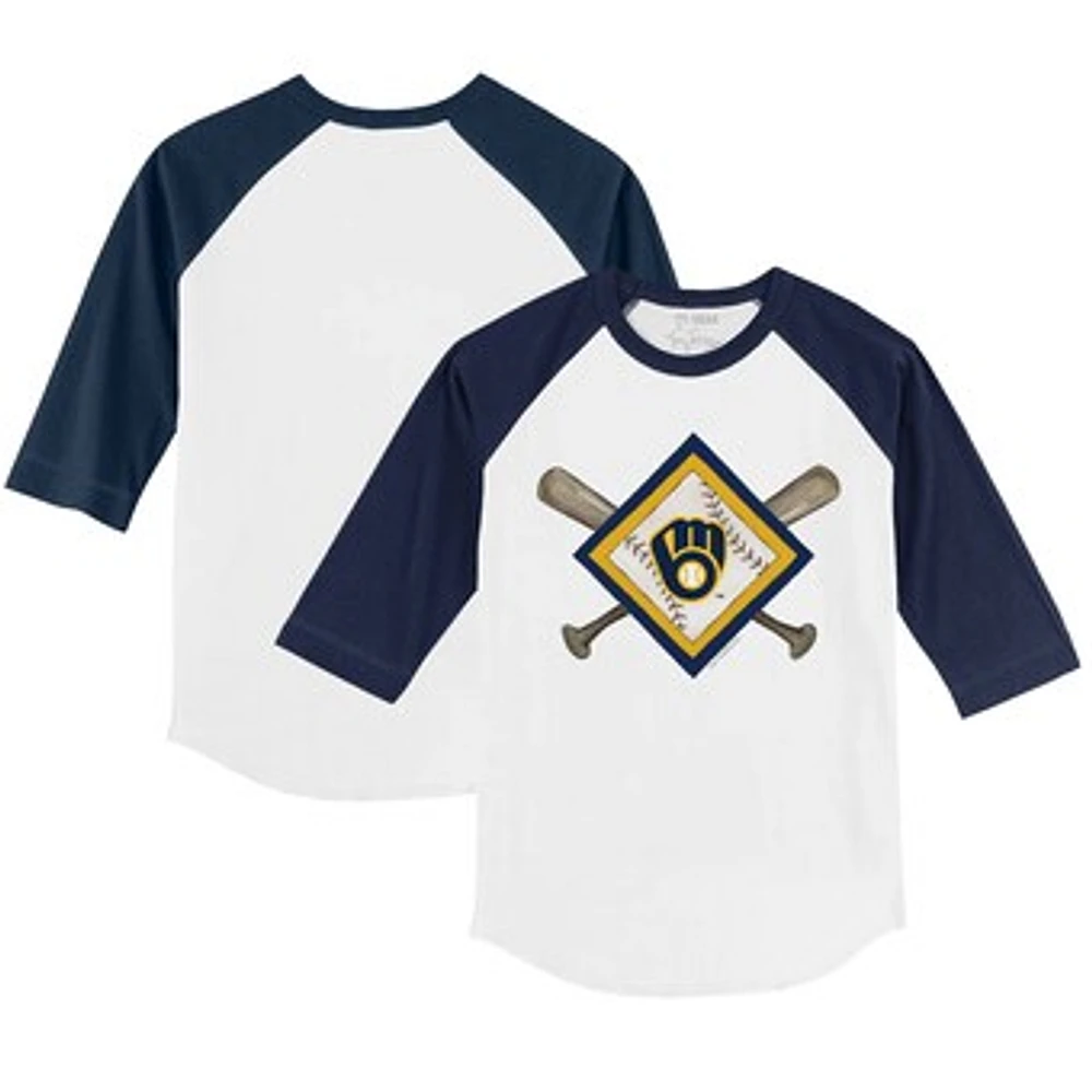 Toddler Tiny Turnip White/Navy Milwaukee Brewers Diamond Cross Bats 3/4-Sleeve Raglan T-Shirt