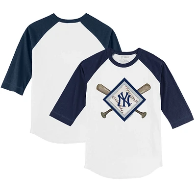Toddler Tiny Turnip White/Navy New York Yankees Diamond Cross Bats 3/4-Sleeve Raglan T-Shirt