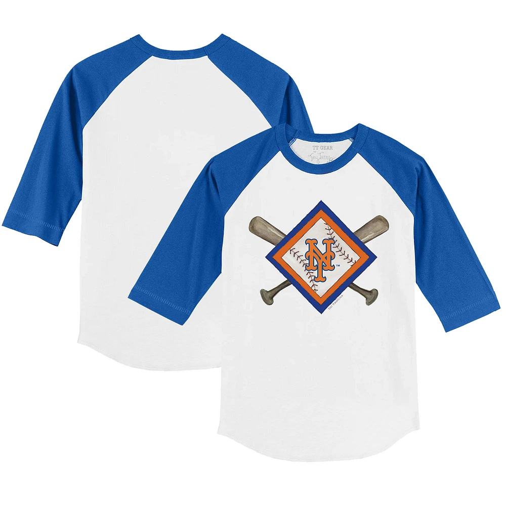 Toddler Tiny Turnip White/Royal New York Mets Diamond Cross Bats 3/4-Sleeve Raglan T-Shirt