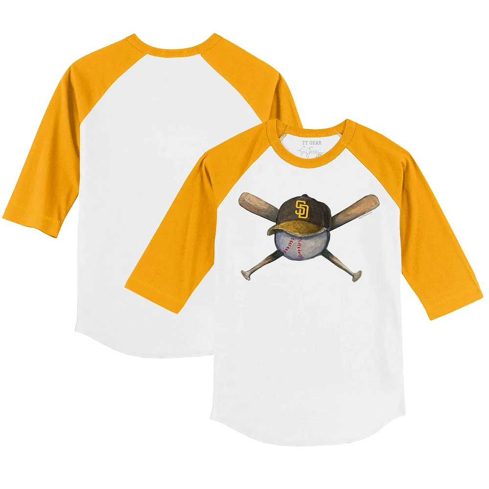Toddler Tiny Turnip White/Gold San Diego Padres Hat Cross Bats 3/4-Sleeve Raglan T-Shirt