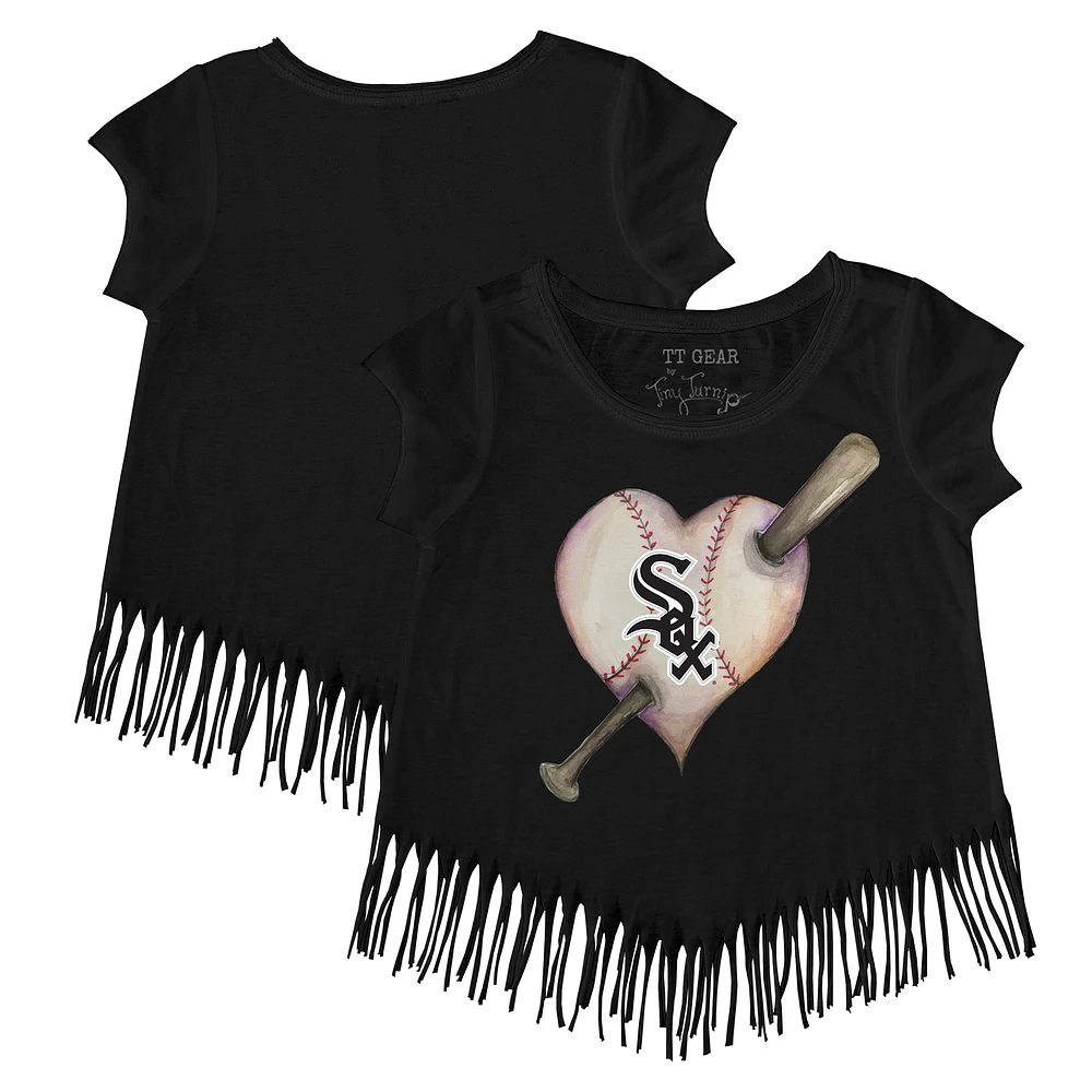 Girls Toddler Tiny Turnip Black Chicago White Sox Heart Bat Fringe T-Shirt