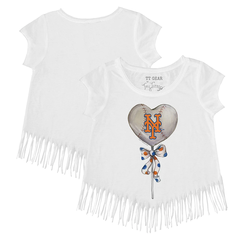 Girls Toddler Tiny Turnip White New York Mets Heart Lolly Fringe T-Shirt