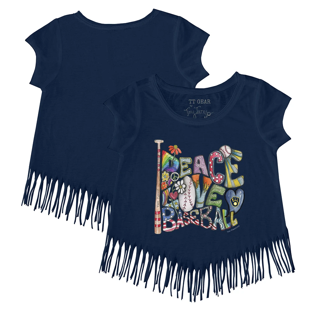 Girls Toddler Tiny Turnip Navy Milwaukee Brewers Peace Love Baseball Fringe T-Shirt