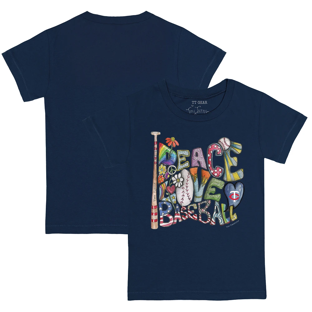 Toddler Tiny Turnip Navy Minnesota Twins Peace Love Baseball T-Shirt