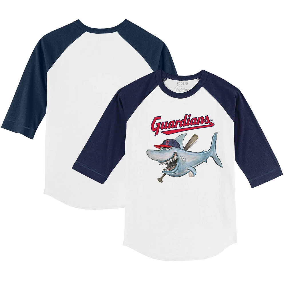 Toddler Tiny Turnip White/Navy Cleveland Guardians Shark 3/4-Sleeve Raglan T-Shirt