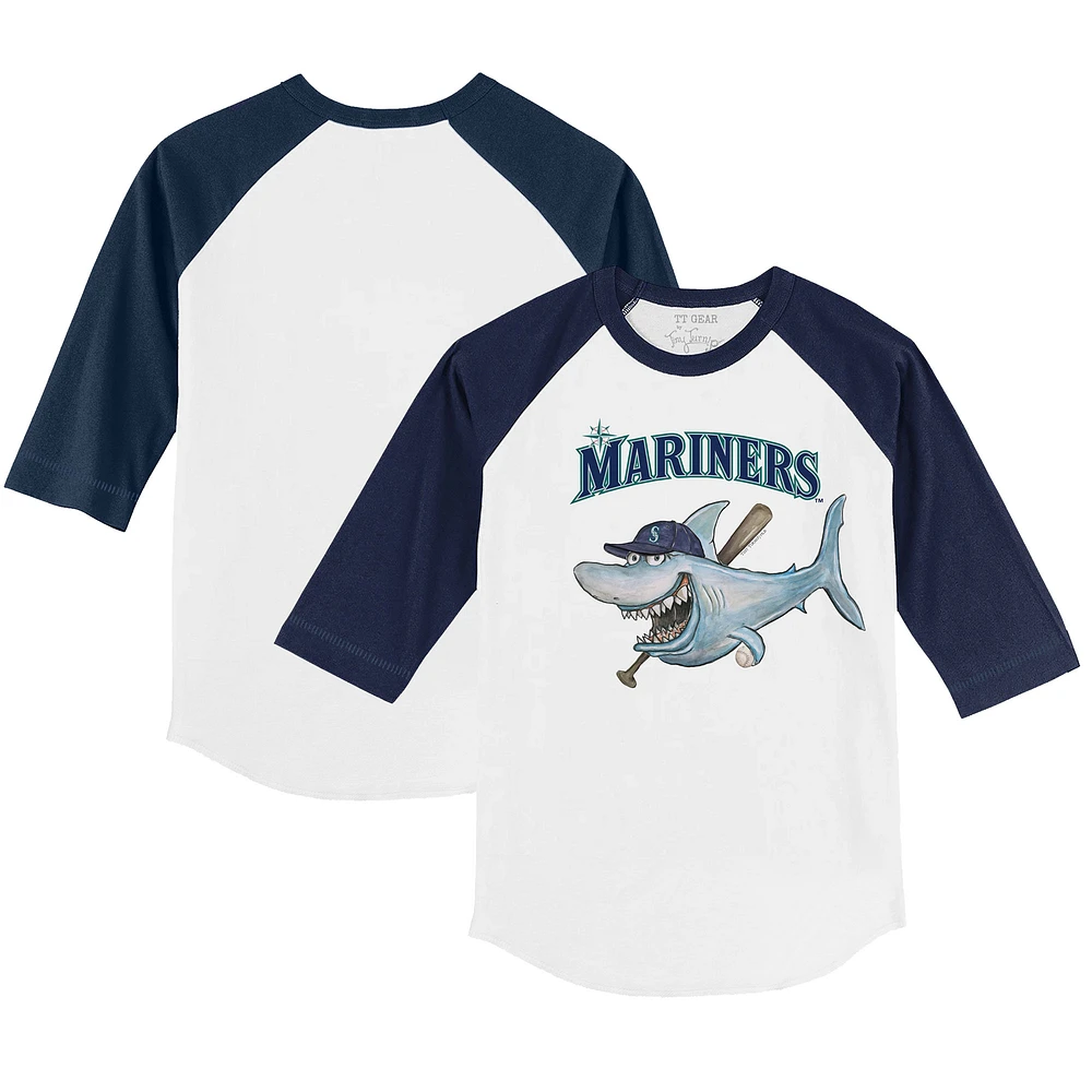 Toddler Tiny Turnip White/Navy Seattle Mariners Shark 3/4-Sleeve Raglan T-Shirt