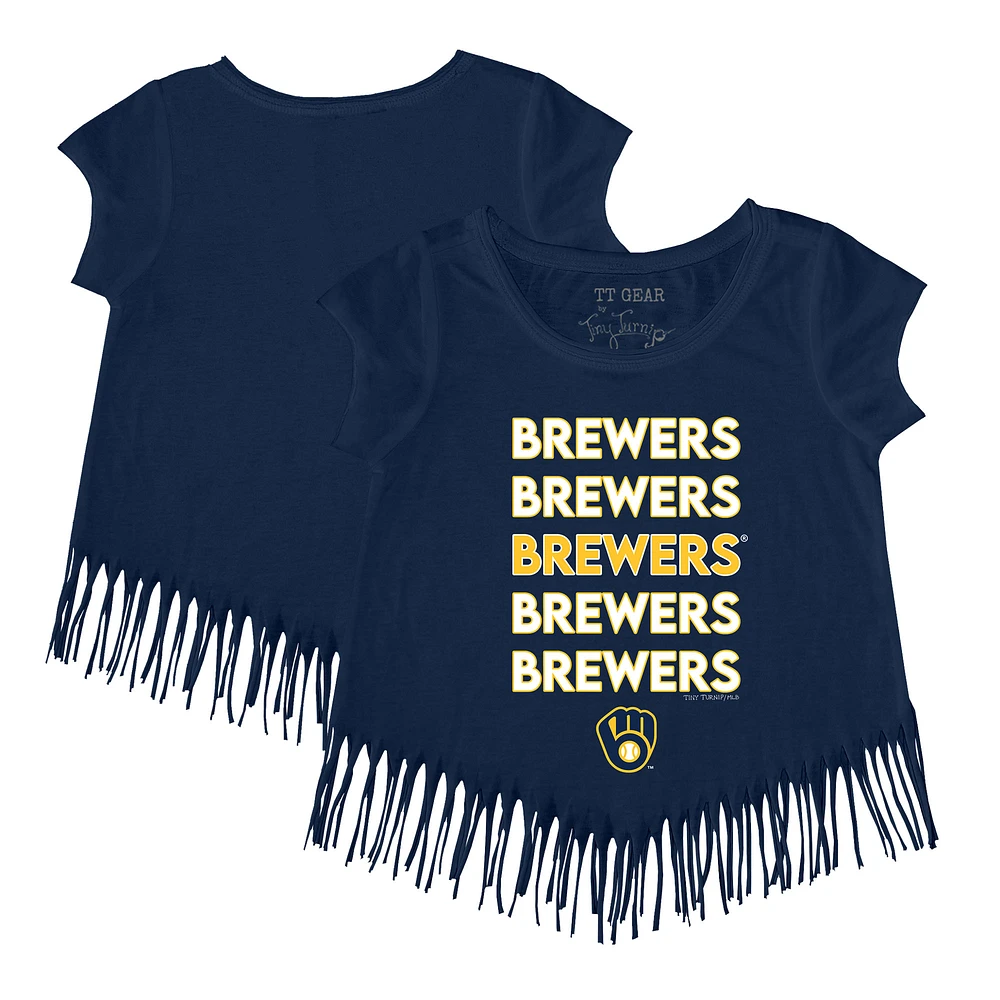Girls Toddler Tiny Turnip Navy Milwaukee Brewers Stacked Fringe T-Shirt
