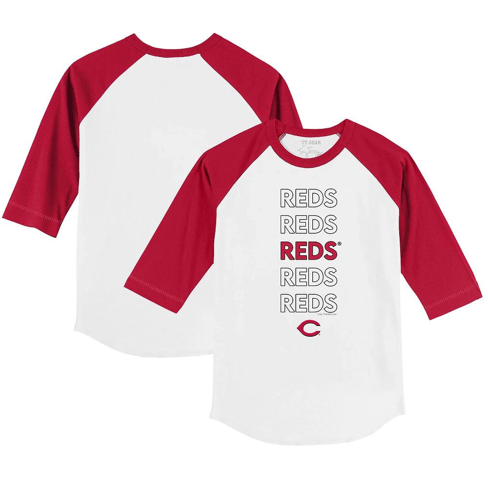 Toddler Tiny Turnip White/Red Cincinnati Reds Stacked 3/4-Sleeve Raglan T-Shirt