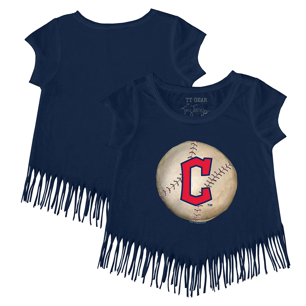 Girls Toddler Tiny Turnip Navy Cleveland Guardians Stitched Baseball Fringe T-Shirt