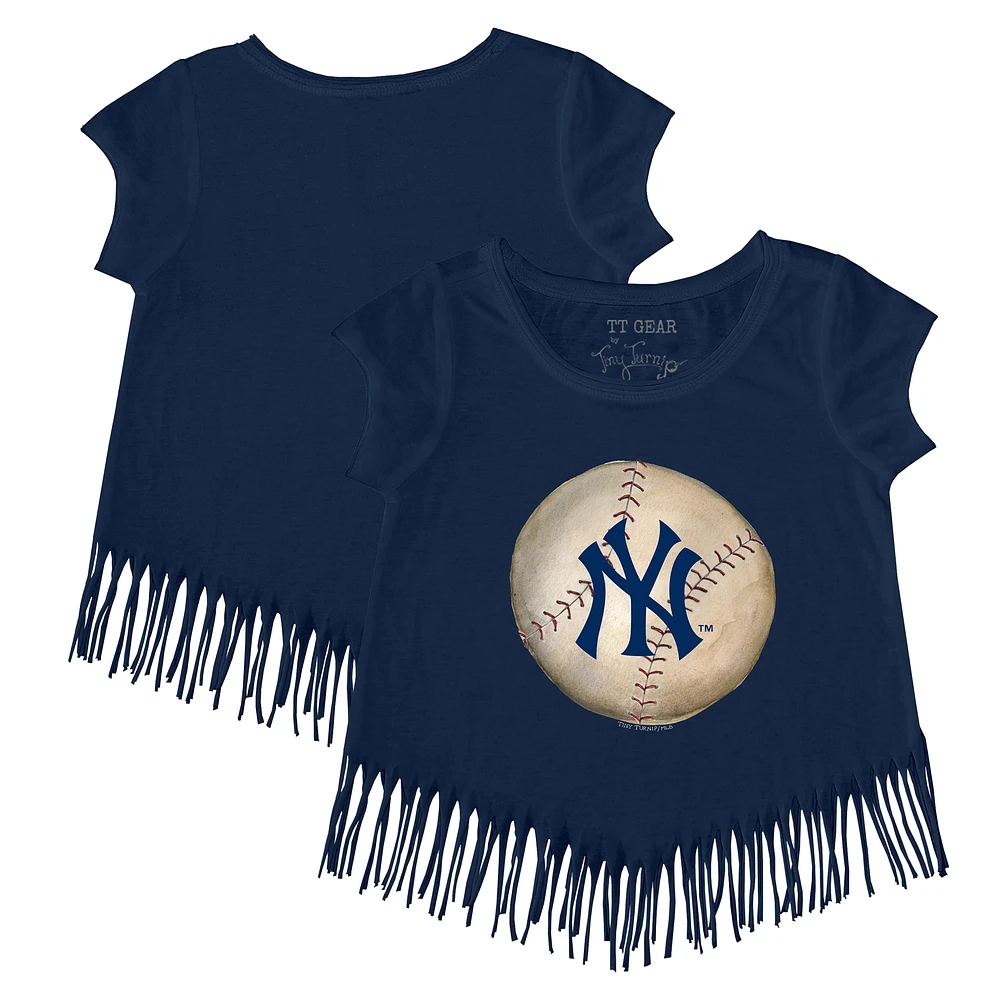 Girls Toddler Tiny Turnip Navy New York Yankees Stitched Baseball Fringe T-Shirt