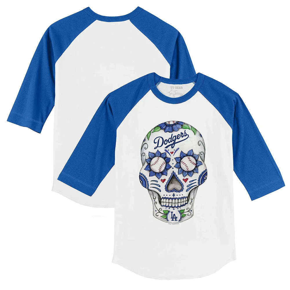 Toddler Tiny Turnip White/Royal Los Angeles Dodgers Sugar Skull 3/4-Sleeve Raglan T-Shirt
