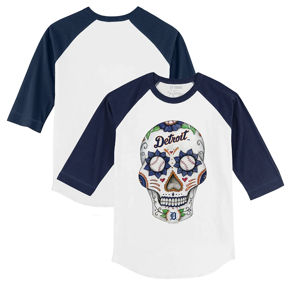 Toddler Tiny Turnip White/Navy Detroit Tigers Sugar Skull 3/4-Sleeve Raglan T-Shirt