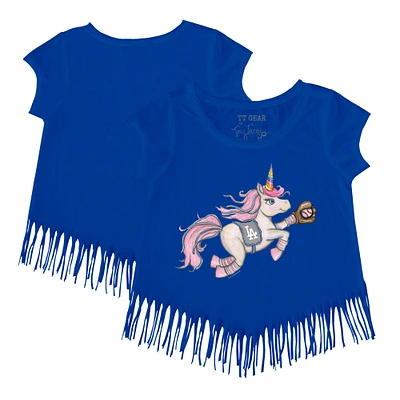 Girls Toddler Tiny Turnip Royal Los Angeles Dodgers Unicorn Fringe T-Shirt