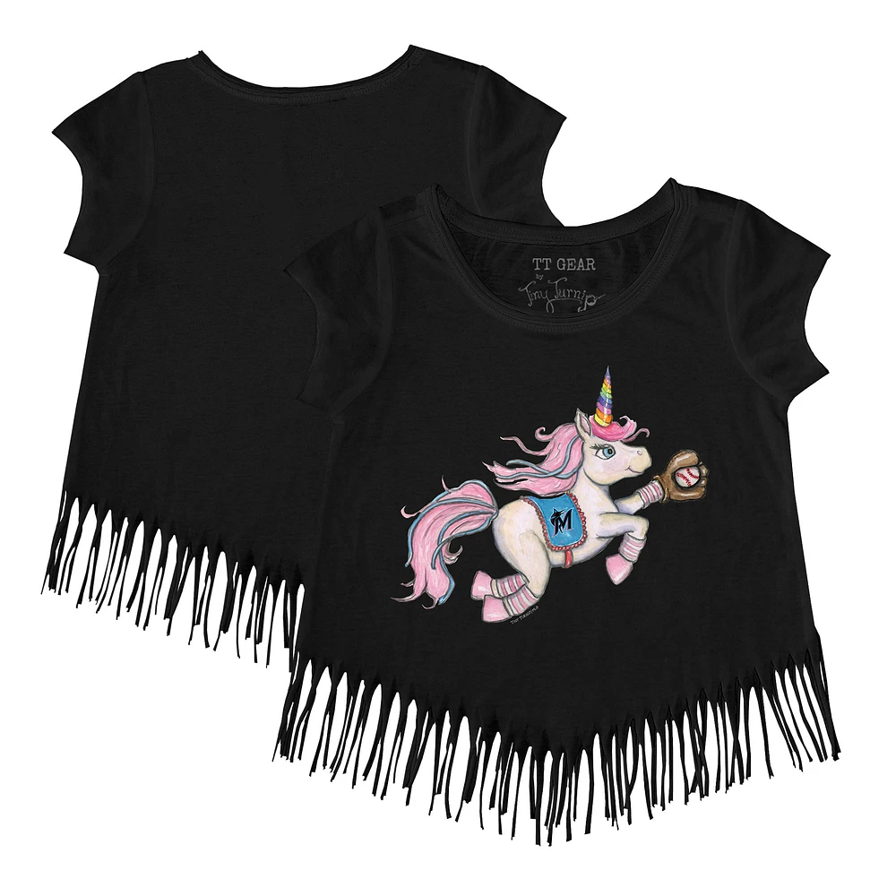Girls Toddler Tiny Turnip Black Miami Marlins Unicorn Fringe T-Shirt