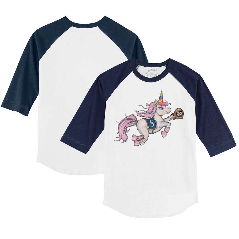 Toddler Tiny Turnip White/Navy Seattle Mariners Unicorn 3/4-Sleeve Raglan T-Shirt