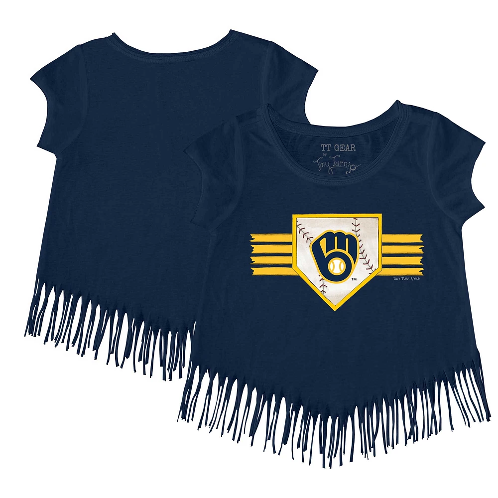 Girls Youth Tiny Turnip Navy Milwaukee Brewers Base Stripe Fringe T-Shirt