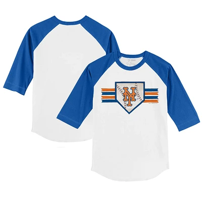 Youth Tiny Turnip White/Royal New York Mets Base Stripe 3/4-Sleeve Raglan T-Shirt