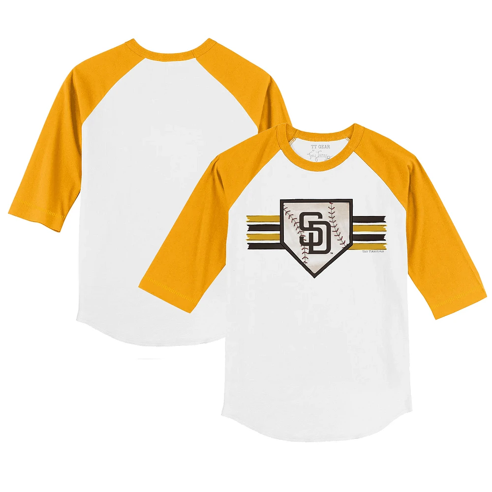 Youth Tiny Turnip White/Gold San Diego Padres Base Stripe 3/4-Sleeve Raglan T-Shirt