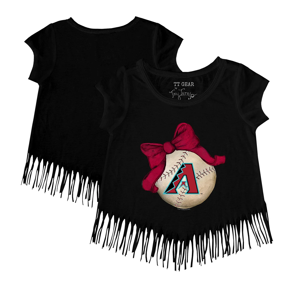 Girls Youth Tiny Turnip Black Arizona Diamondbacks Baseball Bow Fringe T-Shirt