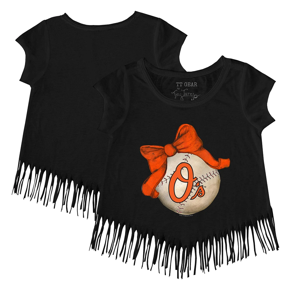 Girls Youth Tiny Turnip Black Baltimore Orioles Baseball Bow Fringe T-Shirt