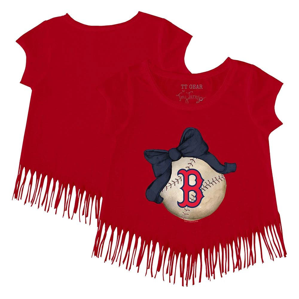 Girls Youth Tiny Turnip Red Boston Sox Baseball Bow Fringe T-Shirt
