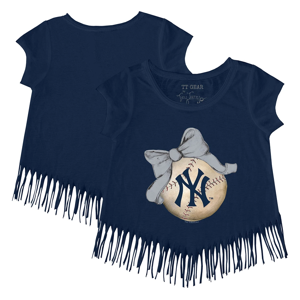 Girls Youth Tiny Turnip Navy New York Yankees Baseball Bow Fringe T-Shirt