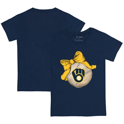 Youth Tiny Turnip Navy Milwaukee Brewers Baseball Bow T-Shirt