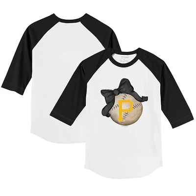 Youth Tiny Turnip White/Black Pittsburgh Pirates Baseball Bow 3/4-Sleeve Raglan T-Shirt