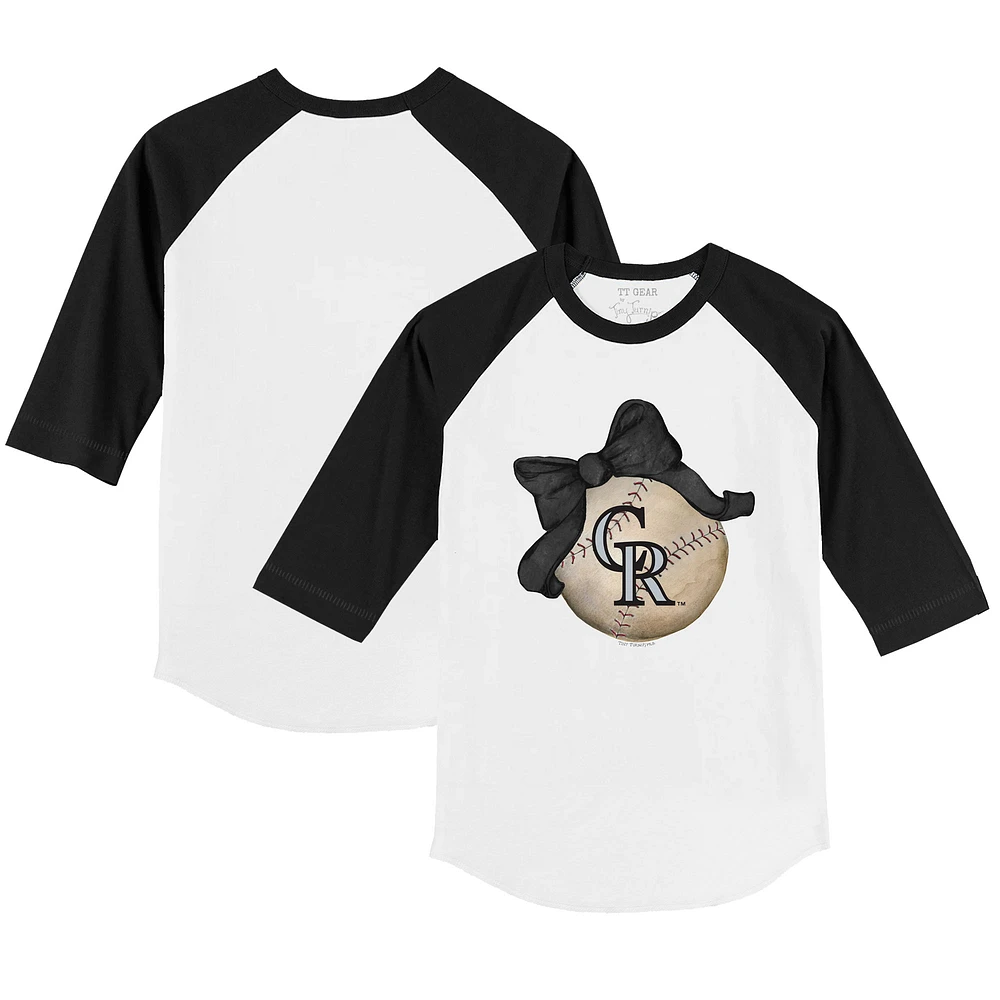 Youth Tiny Turnip White/Black Colorado Rockies Baseball Bow 3/4-Sleeve Raglan T-Shirt