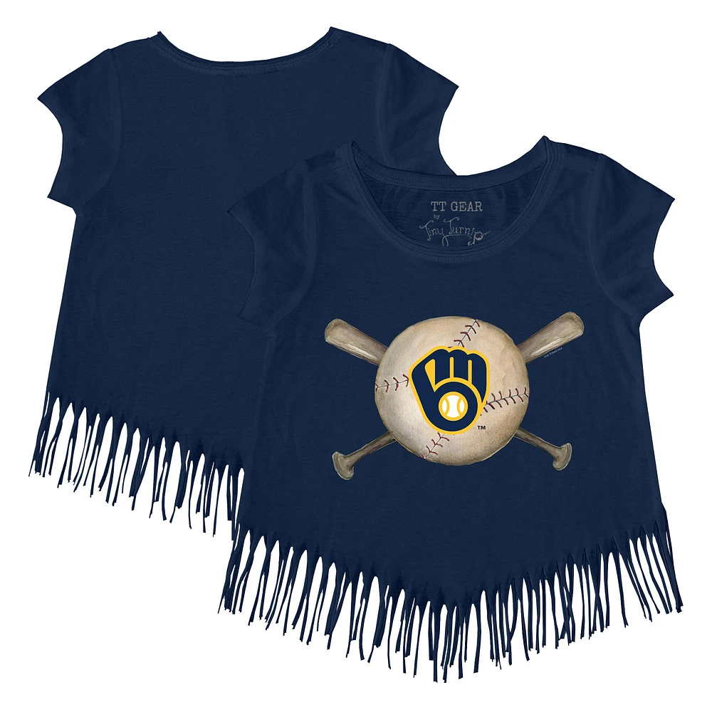 Girls Youth Tiny Turnip Navy Milwaukee Brewers Baseball Cross Bats Fringe T-Shirt