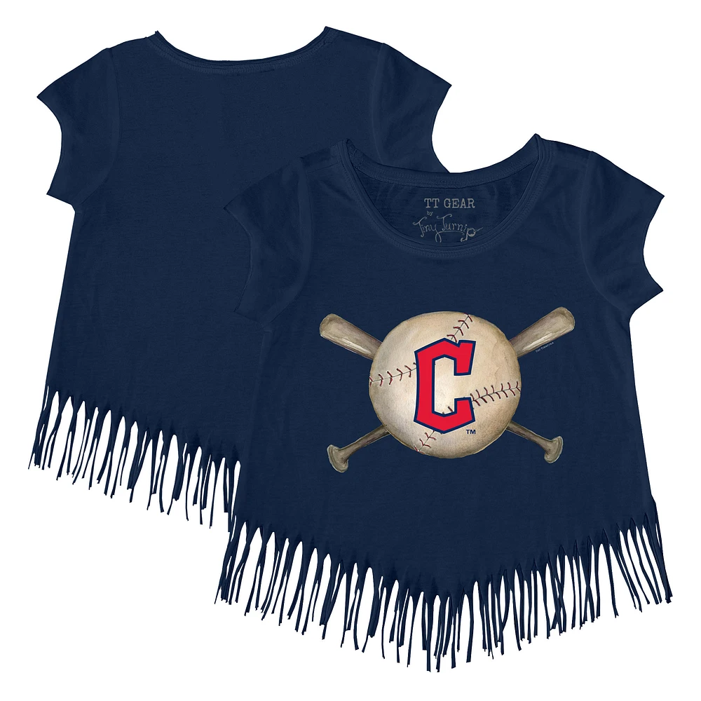 Girls Youth Tiny Turnip Navy Cleveland Guardians Baseball Cross Bats Fringe T-Shirt