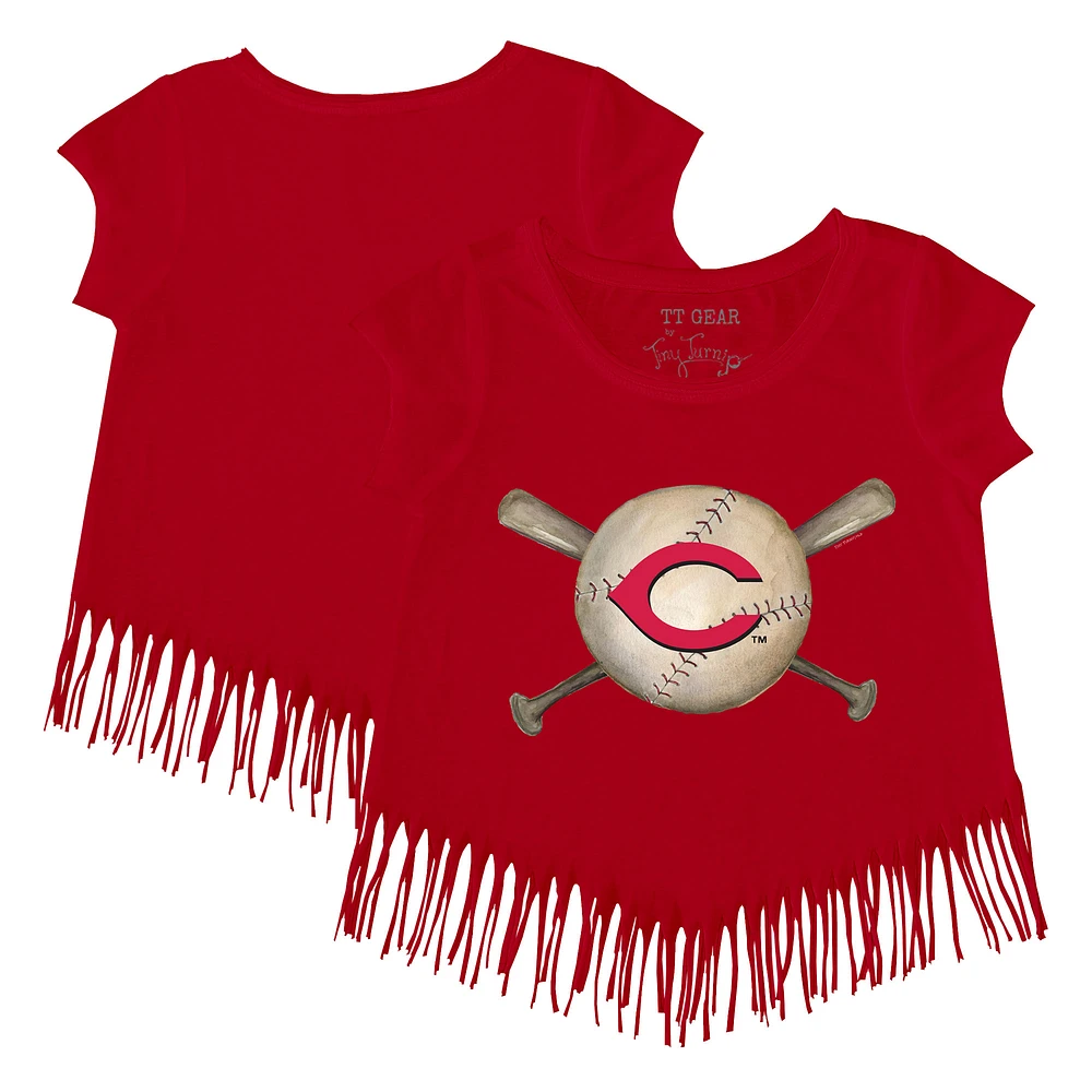 Girls Youth Tiny Turnip Red Cincinnati Reds Baseball Cross Bats Fringe T-Shirt