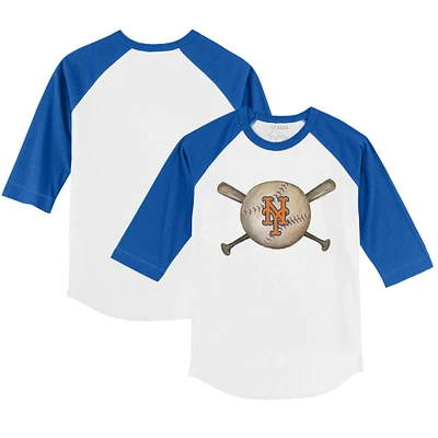 Youth Tiny Turnip White/Royal New York Mets Baseball Cross Bats 3/4-Sleeve Raglan T-Shirt