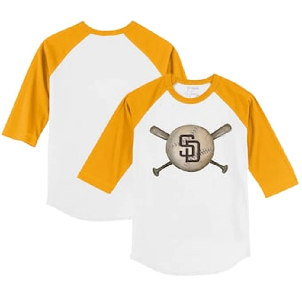 Youth Tiny Turnip White/Gold San Diego Padres Baseball Cross Bats 3/4-Sleeve Raglan T-Shirt