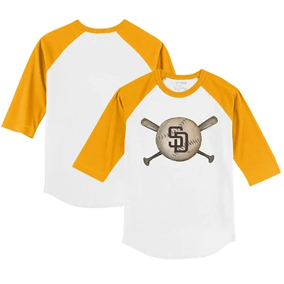 Youth Tiny Turnip White/Gold San Diego Padres Baseball Cross Bats 3/4-Sleeve Raglan T-Shirt