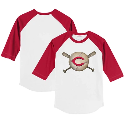 Youth Tiny Turnip White/Red Cincinnati Reds Baseball Cross Bats 3/4-Sleeve Raglan T-Shirt