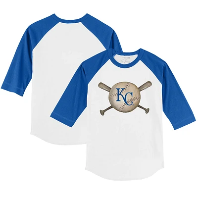 Youth Tiny Turnip White/Royal Kansas City Royals Baseball Cross Bats 3/4-Sleeve Raglan T-Shirt