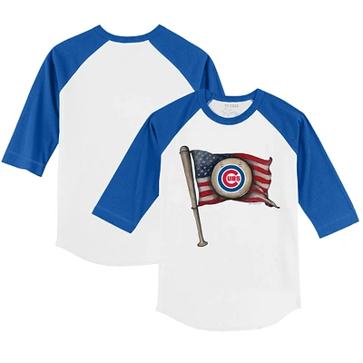 Youth Tiny Turnip White/Royal Chicago Cubs Baseball Flag 3/4-Sleeve Raglan T-Shirt
