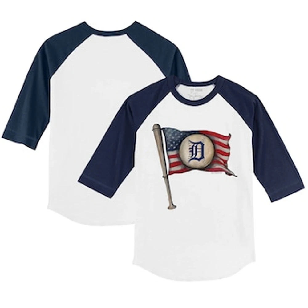 Youth Tiny Turnip White/Navy Detroit Tigers Baseball Flag 3/4-Sleeve Raglan T-Shirt