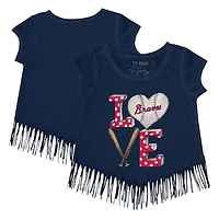 Girls Youth Tiny Turnip Navy Atlanta Braves Baseball Love Fringe T-Shirt